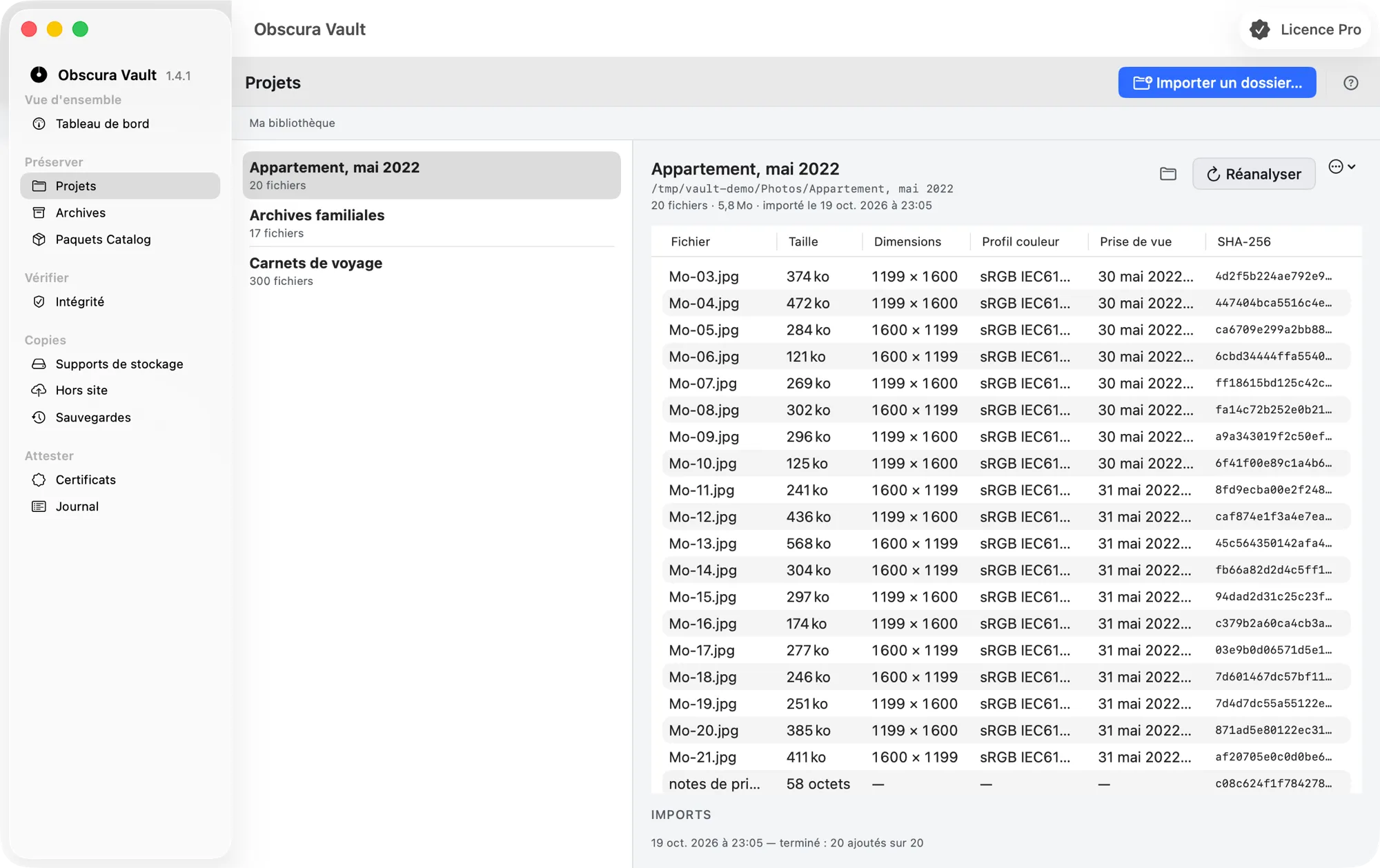 Le projet « Appartement, mai 2022 » sélectionné : chemin du dossier, nombre de fichiers, taille et date d’import, boutons Réanalyser et Afficher dans le Finder, tableau Fichier / Taille / Dimensions / Profil couleur / Prise de vue / SHA-256 et section Imports