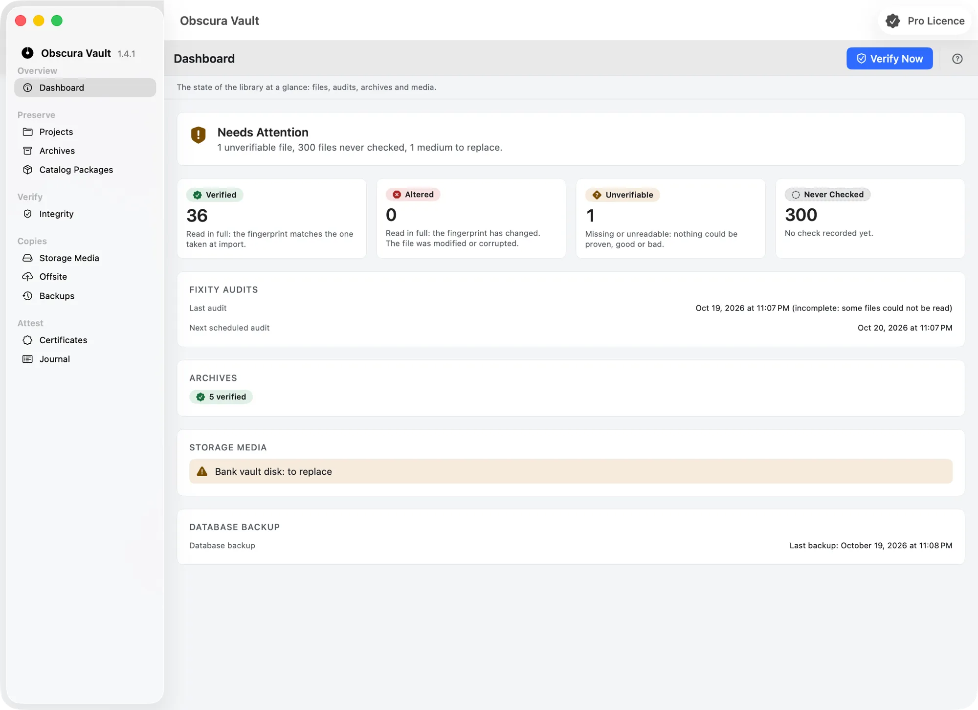The Obscura Vault dashboard: “Needs Attention” state, verified, altered, unverifiable and never checked files, fixity audits, archives and a medium to replace