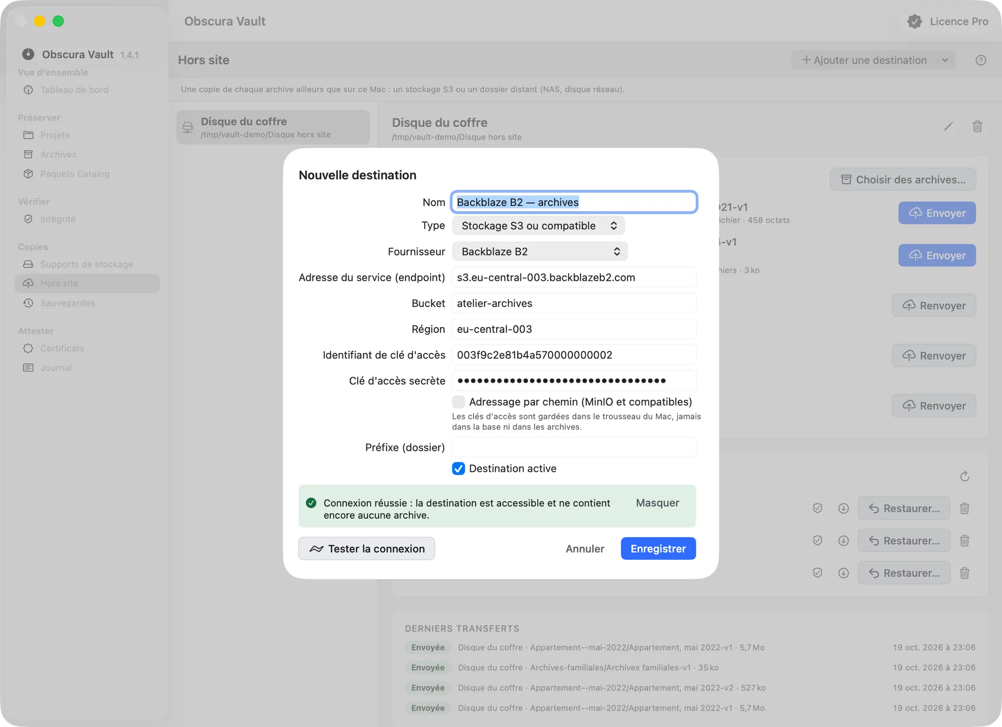 La feuille « Nouvelle destination » en S3 : fournisseur Backblaze B2, adresse du service, bucket, région, clés d’accès, et le message « Connexion réussie »