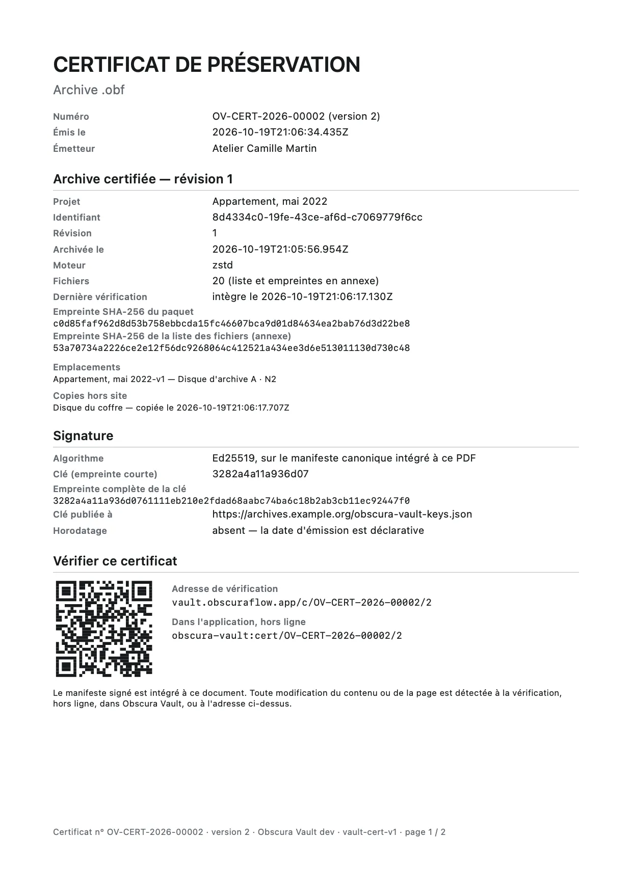 La première page d’un certificat d’archive : « CERTIFICAT DE PRÉSERVATION », numéro, date d’émission, émetteur, bloc « Archive certifiée », signature et QR code « Vérifier ce certificat »