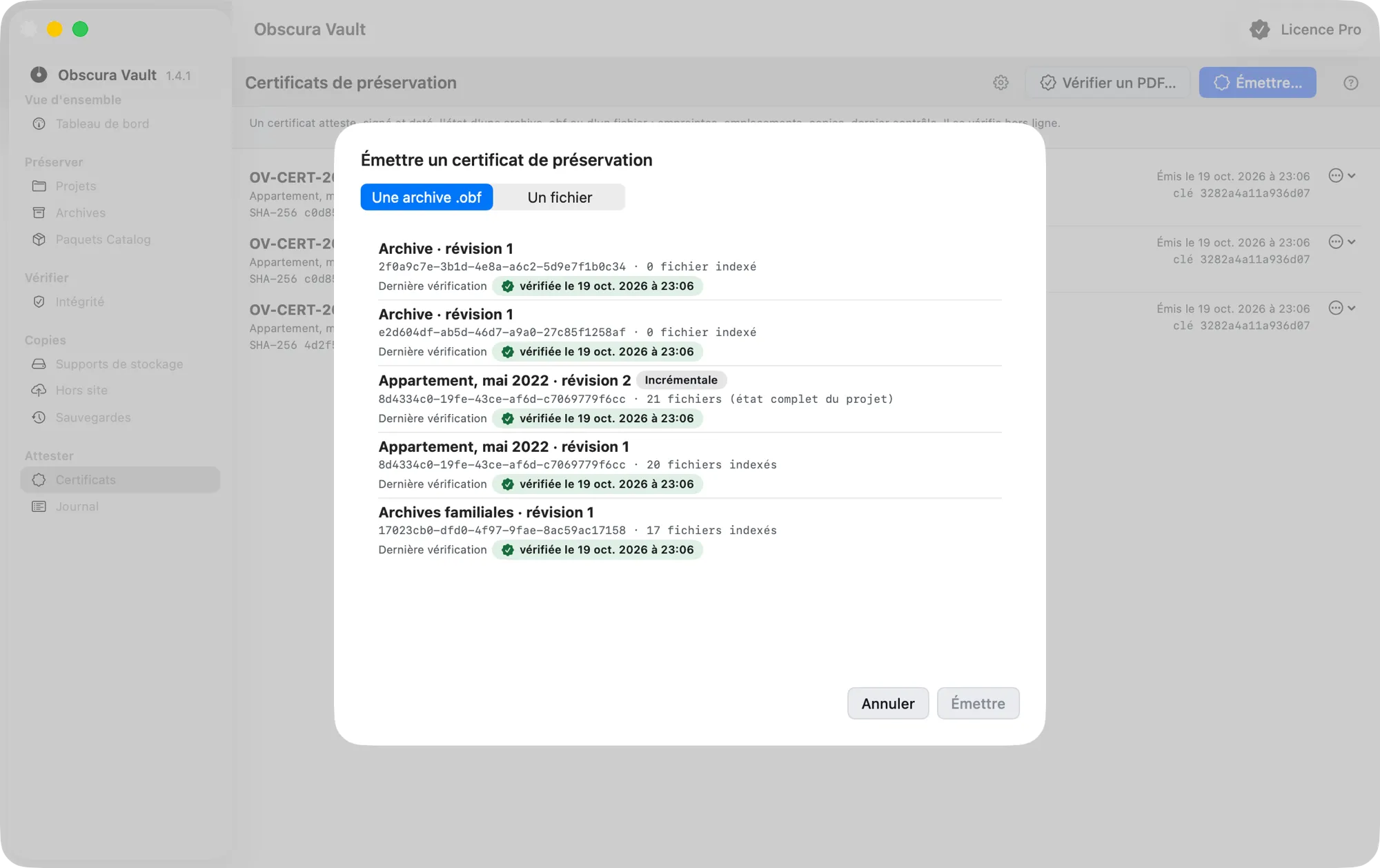 La feuille « Émettre un certificat de préservation » sur « Une archive .obf » : la liste des archives avec leur révision et leur dernière vérification