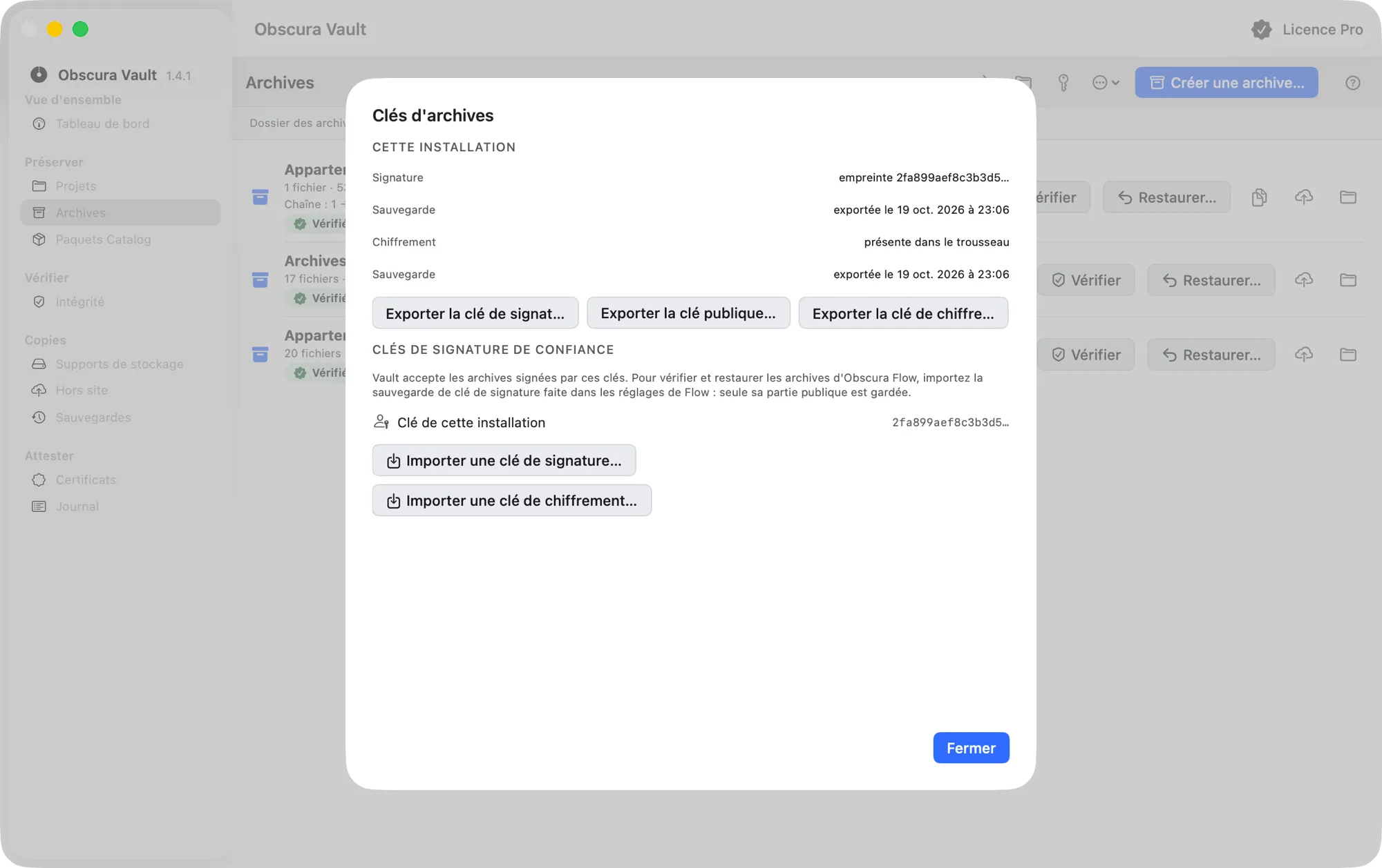 La feuille « Clés d’archives » : clés de signature et de chiffrement de cette installation avec la date de leur sauvegarde, boutons d’export, clés de signature de confiance et boutons d’import