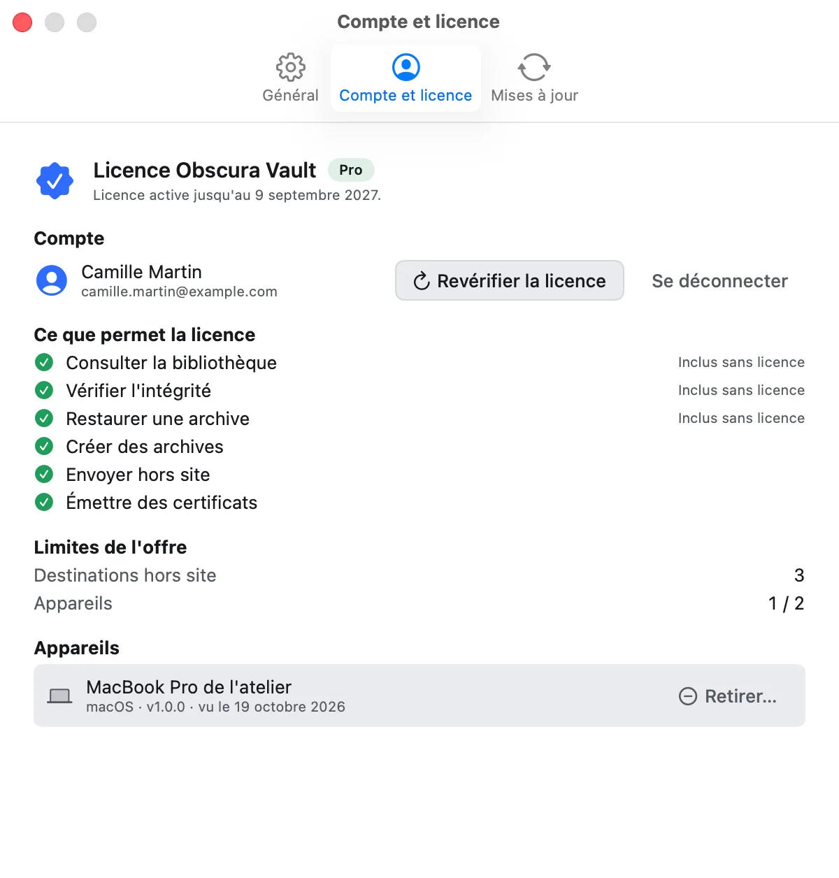 Réglages, onglet Compte et licence : « Licence Obscura Vault » avec le badge Pro et « Licence active jusqu’au … », le compte, ce que permet la licence, les limites de l’offre et les appareils