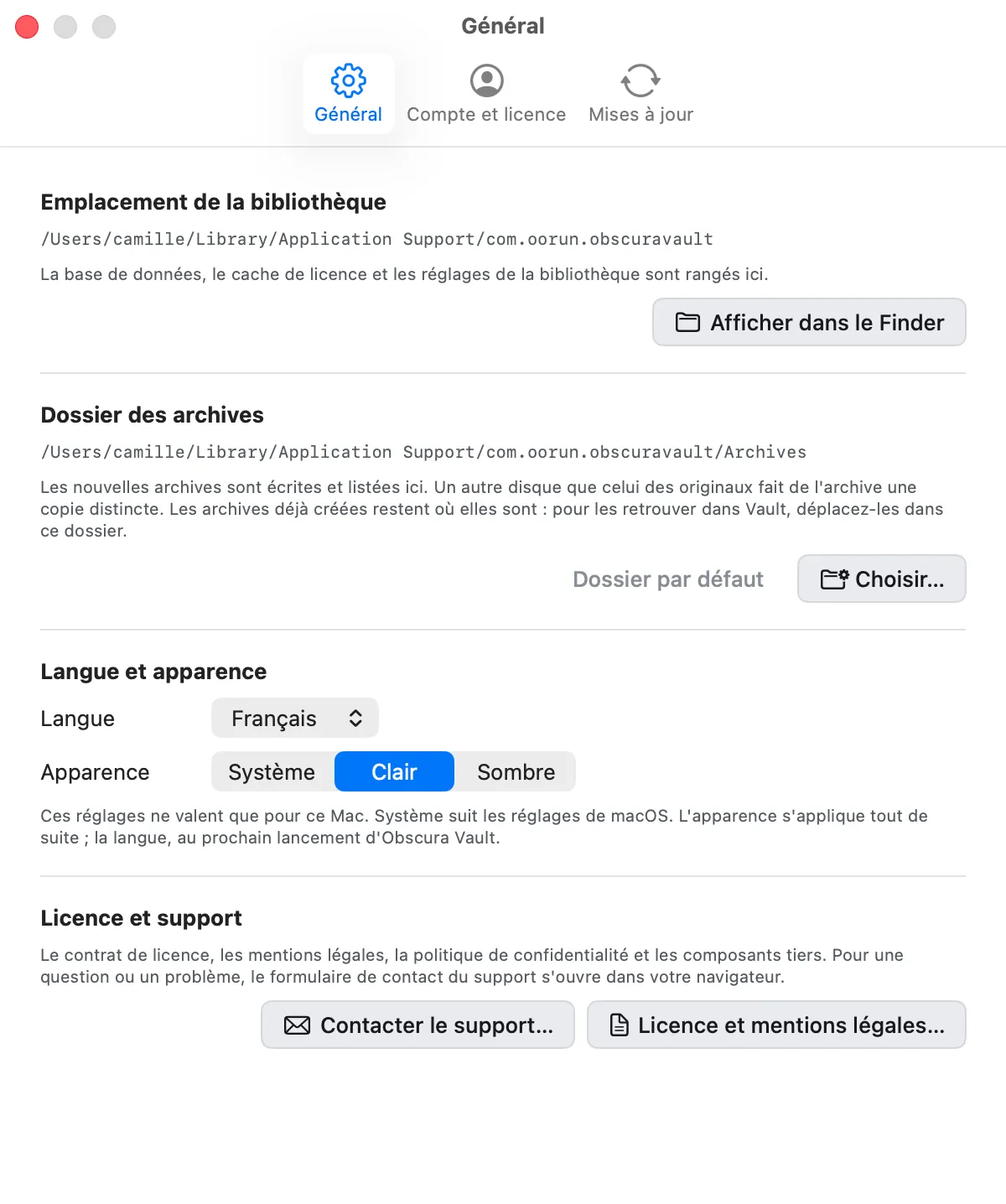 Réglages, onglet Général : emplacement de la bibliothèque avec « Afficher dans le Finder », dossier des archives, langue et apparence, licence et support
