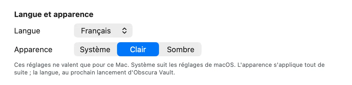 La section « Langue et apparence » des réglages : le menu Langue et les boutons Système, Clair et Sombre