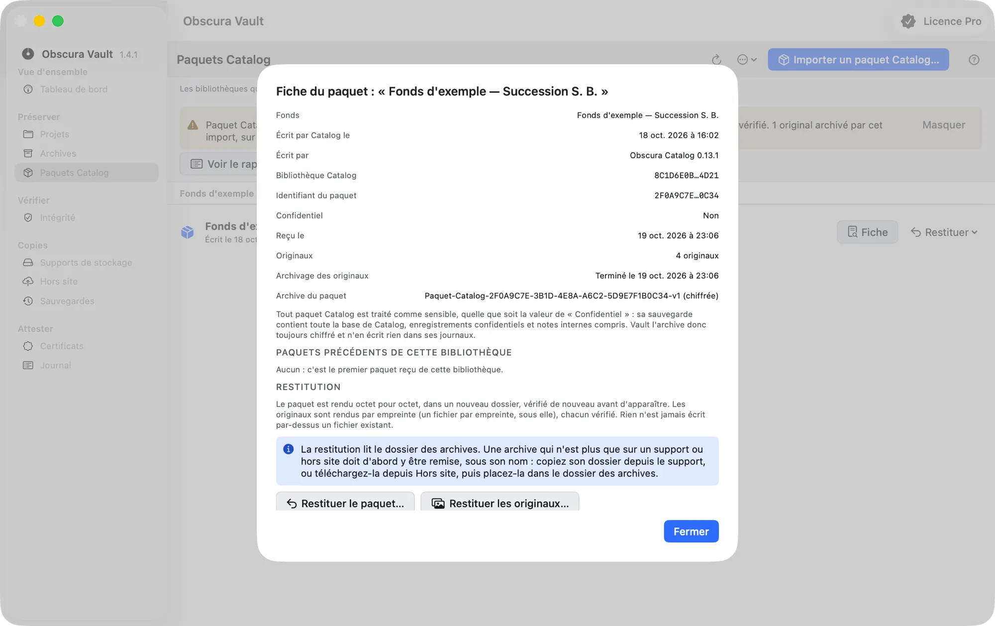 La fiche d’un paquet : fonds, dates, version de Catalog, bibliothèque et identifiant raccourcis, Confidentiel, originaux, la note sur la sensibilité, les paquets précédents et les boutons de restitution