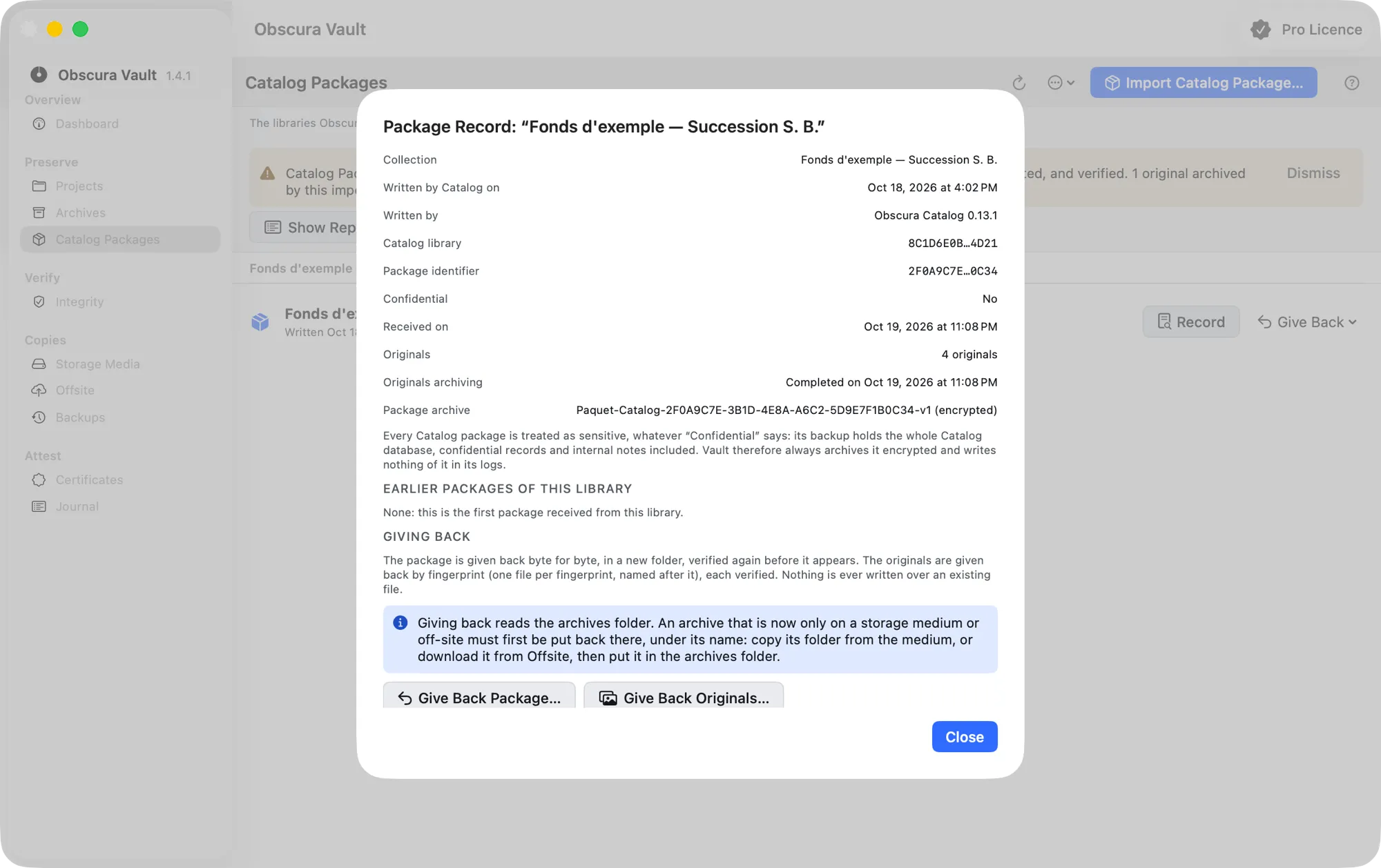 A package’s record: collection, dates, Catalog version, shortened library and identifier, Confidential, originals, the note on sensitivity, the earlier packages and the give-back buttons