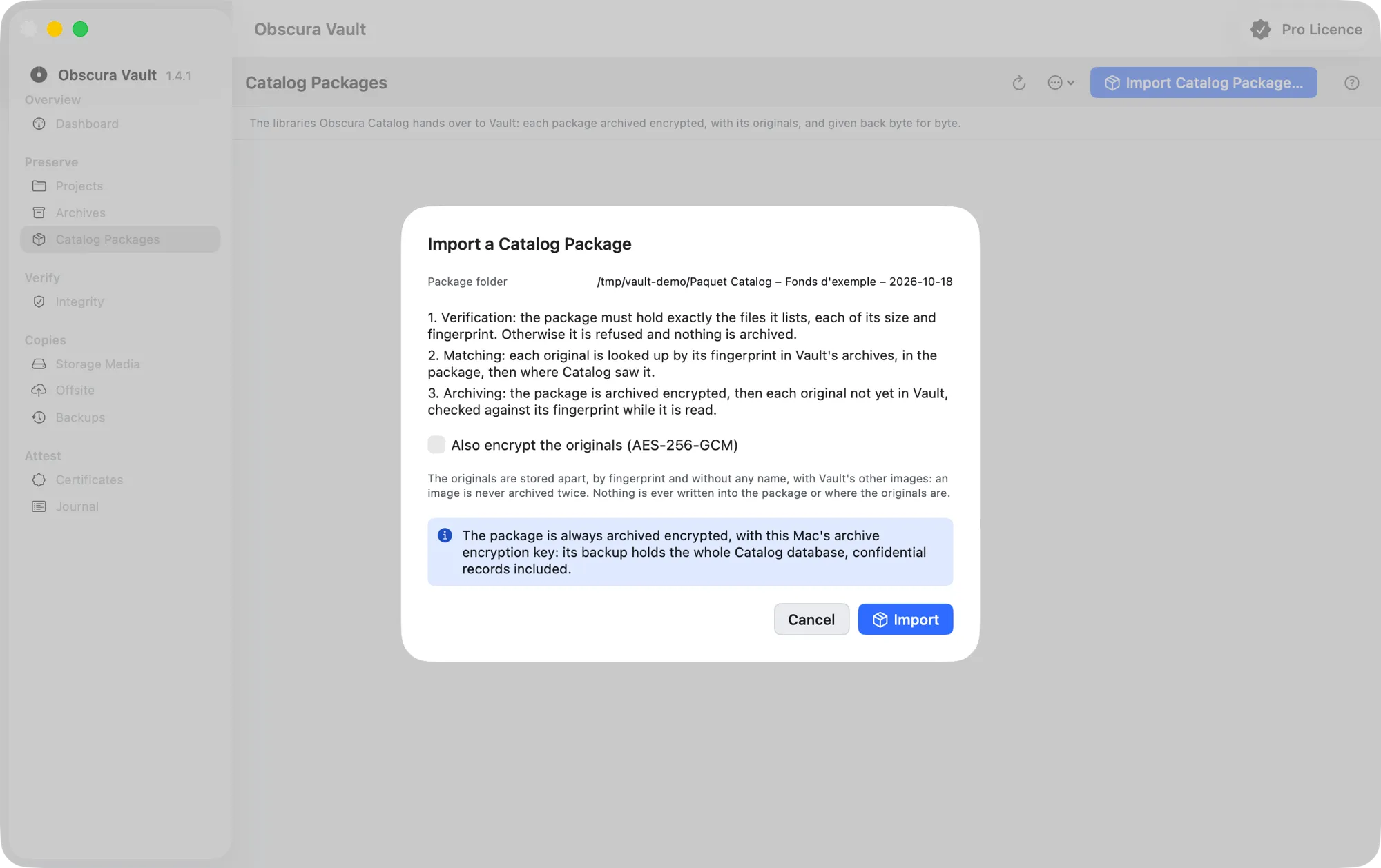 The “Import a Catalog Package” sheet: the package folder, the three stages, the “Also encrypt the originals (AES-256-GCM)” box and the reminder that the package is always archived encrypted